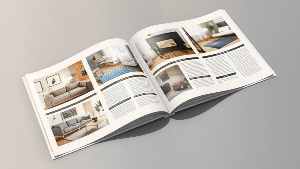 In catalogue – Tối ưu truyền thông sản phẩm cho doanh nghiệp 6 Ảnh chụp chân thực (photorealistic) với tỉ lệ 16:9. Bối cảnh tự nhiên, ánh sáng tốt. Không chèn chữ, số, logo, thương hiệu hoặc ký hiệu đặc biệt. Không sáng tạo bao bì, không mô tả trẻ em hoặc đặc điểm giới tính cụ thể. Mô tả: Một catalogue sản phẩm được mở ra, hiển thị hình ảnh sản phẩm chất lượng cao và mô tả chi tiết. Bố cục catalogue được thiết kế chuyên nghiệp và bắt mắt.