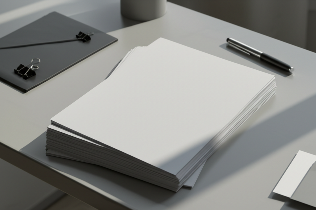Ảnh chụp chân thực (photorealistic) với tỉ lệ 16:9. Bối cảnh tự nhiên, ánh sáng tốt. Không chèn chữ, số, logo, thương hiệu hoặc ký hiệu đặc biệt. Không sáng tạo bao bì, không mô tả trẻ em hoặc đặc điểm giới tính cụ thể. Mô tả: Một chồng giấy tiêu đề được in ấn đẹp mắt, đặt trên bàn làm việc cùng với bút ký và các vật dụng văn phòng khác. Ánh sáng tự nhiên chiếu vào tạo cảm giác chuyên nghiệp và trang trọng.