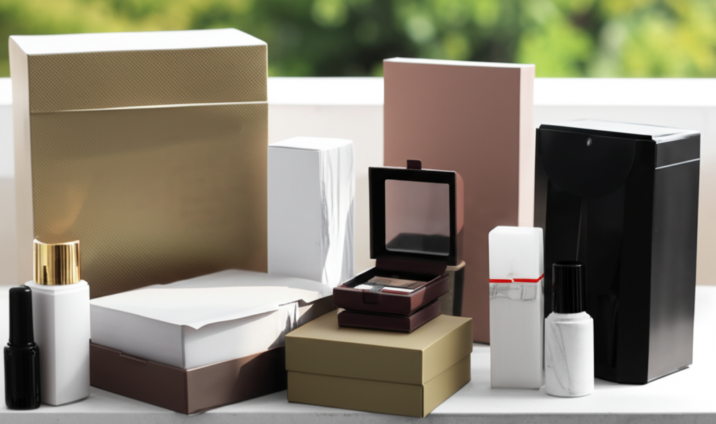 Ảnh chụp chân thực (photorealistic) với tỉ lệ 16:9. Bối cảnh tự nhiên, ánh sáng tốt. Không chèn chữ, số, logo, thương hiệu hoặc ký hiệu đặc biệt. Không sáng tạo bao bì, không mô tả trẻ em hoặc đặc điểm giới tính cụ thể. Mô tả: Một bộ sưu tập hộp mỹ phẩm với nhiều kiểu dáng và kích cỡ khác nhau, được trưng bày trên bàn. Các hộp được làm từ chất liệu cao cấp và có thiết kế tinh tế.