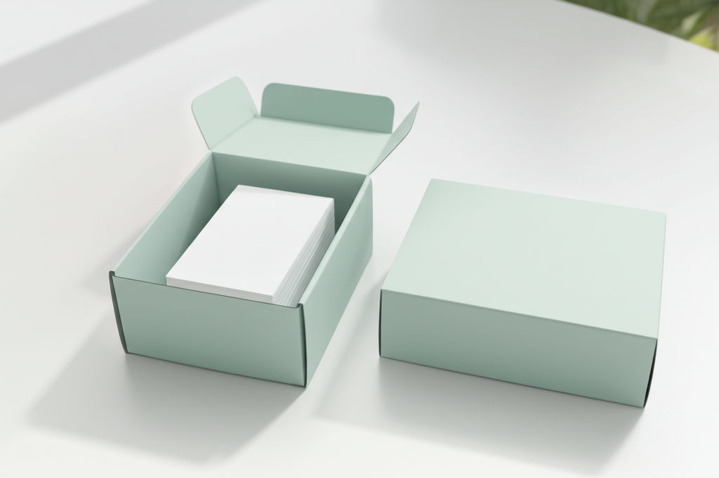 Ảnh chụp chân thực (photorealistic) với tỉ lệ 16:9. Bối cảnh tự nhiên, ánh sáng tốt. Không chèn chữ, số, logo, thương hiệu hoặc ký hiệu đặc biệt. Không sáng tạo bao bì, không mô tả trẻ em hoặc đặc điểm giới tính cụ thể. Mô tả: Một người phụ nữ trẻ, khoảng 25-35 tuổi, đang tươi cười nhận một hộp danh thiếp mới in từ một nhân viên của **HOA VIỆT CORP**. Cô ấy có vẻ hài lòng với dịch vụ nhanh chóng và chuyên nghiệp.
