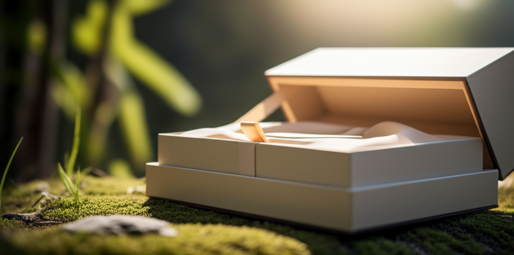 Ảnh chụp chân thực (photorealistic) với tỉ lệ 16:9. Bối cảnh tự nhiên, ánh sáng tốt. Không chèn chữ, số, logo, thương hiệu hoặc ký hiệu đặc biệt. Không sáng tạo bao bì, không mô tả trẻ em hoặc đặc điểm giới tính cụ thể. Mô tả: Một hộp cứng cao cấp, màu sắc trang nhã, đang được mở ra, bên trong là một sản phẩm được bảo quản cẩn thận. Ánh sáng tập trung vào sản phẩm bên trong, tạo cảm giác sang trọng và thu hút.