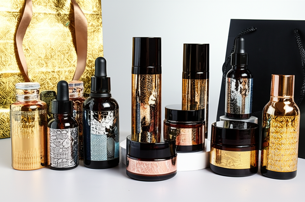 Ảnh chụp một số sản phẩm spa và mỹ phẩm khác nhau (ví dụ: chai serum, hộp kem dưỡng, túi đựng quà) được ép kim với các thiết kế và màu sắc khác nhau. Thể hiện sự đa dạng và linh hoạt của kỹ thuật ép kim.