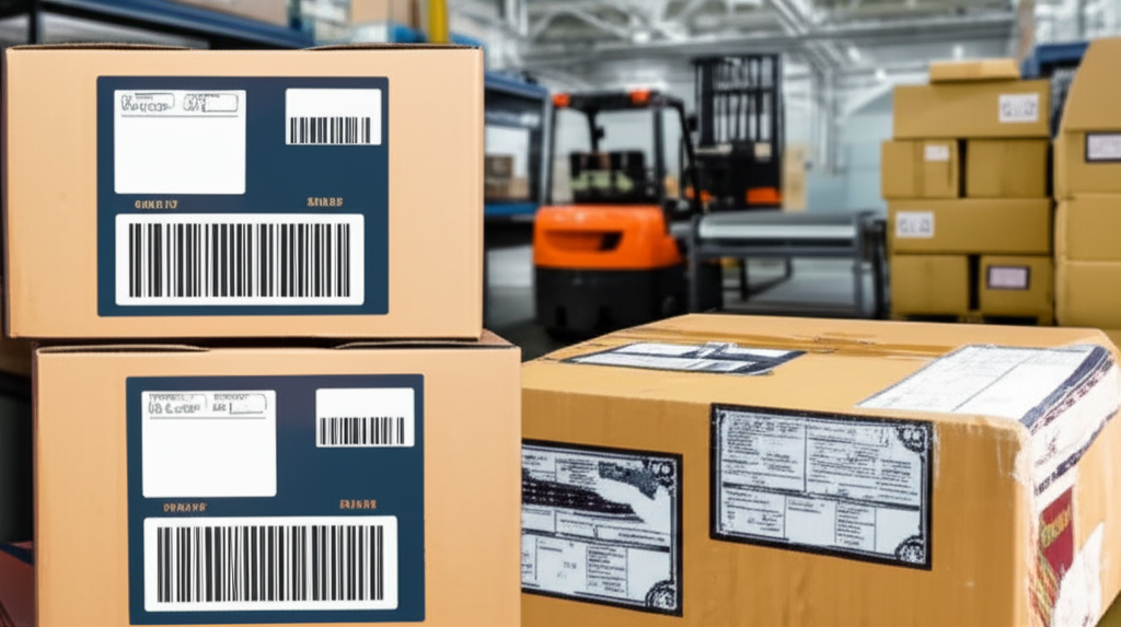 Ảnh chụp hai doanh nghiệp logistics đang cạnh tranh với nhau. Một doanh nghiệp sử dụng tem nhãn chuyên nghiệp và hiện đại, trong khi doanh nghiệp còn lại sử dụng tem nhãn cũ kỹ và thiếu chuyên nghiệp. Bối cảnh là một thị trường logistics sôi động với nhiều hoạt động giao thương.