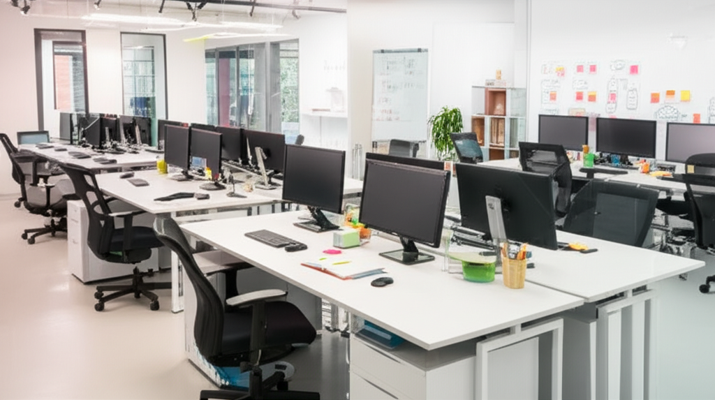 Ảnh chụp (photorealistic) một góc văn phòng làm việc của **HOA VIỆT CORP** với đội ngũ nhân viên đang làm việc nhiệt tình và chuyên nghiệp. Bối cảnh là một môi trường làm việc năng động và sáng tạo.