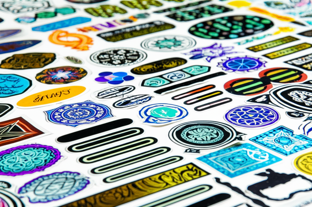 Ảnh chụp (photorealistic) cận cảnh một số mẫu tem decal giấy đã in ấn đẹp mắt, với nhiều hình dạng và màu sắc khác nhau. Các mẫu tem được đặt trên nền trắng.