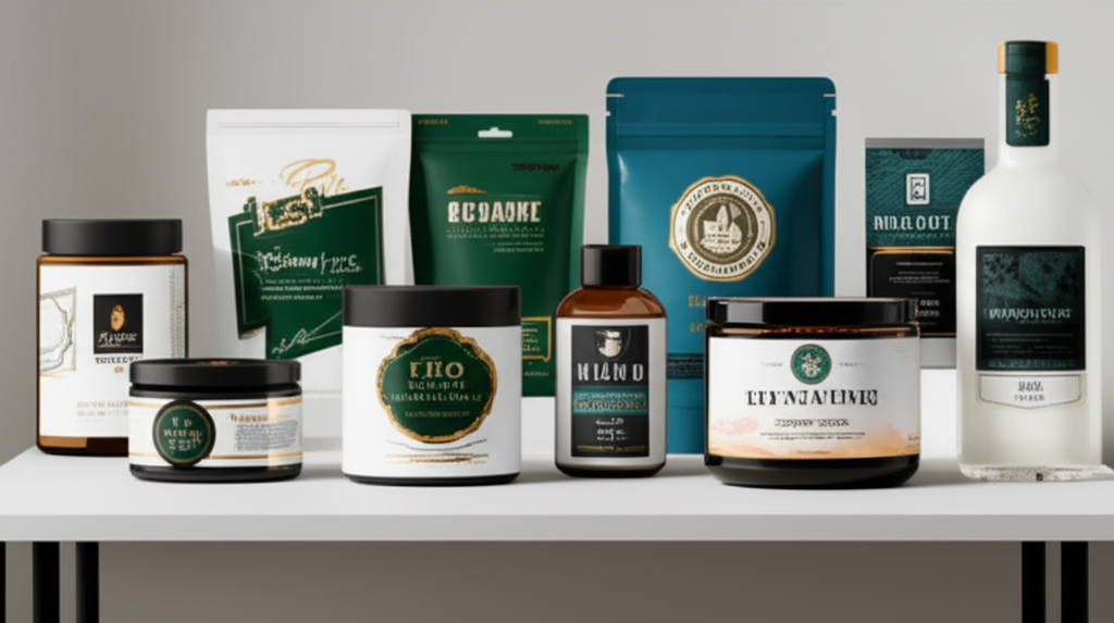 Ảnh chụp một bộ sưu tập (photorealistic) các sản phẩm của một startup, tất cả đều có tem nhãn độc quyền được thiết kế đẹp mắt và chuyên nghiệp. Các sản phẩm được sắp xếp một cách sáng tạo và hấp dẫn, thể hiện sự độc đáo và cá tính của thương hiệu.