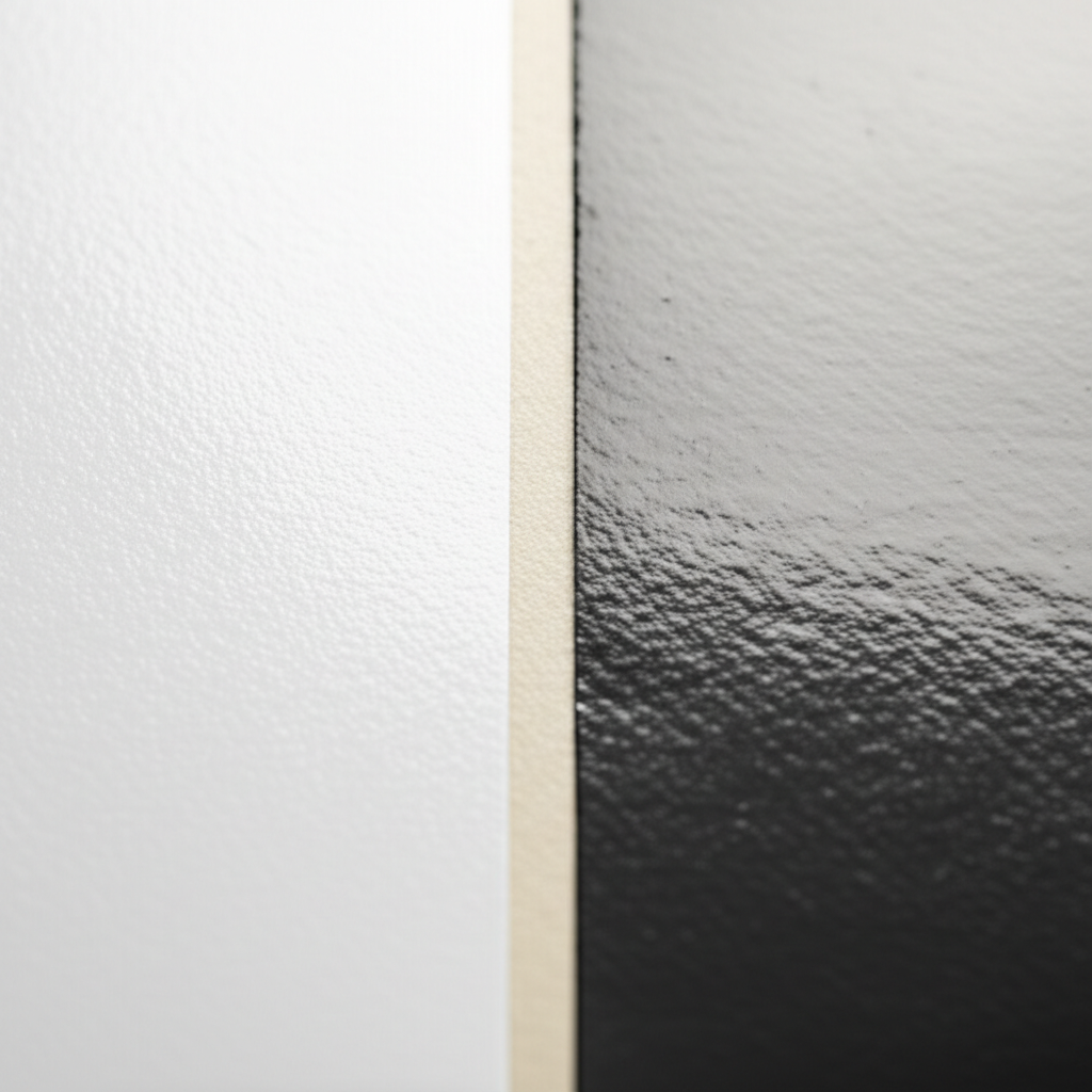 Ảnh chụp (photorealistic) cận cảnh hai mẫu tem decal giấy: một mẫu decal giấy thường có bề mặt nhám, một mẫu decal giấy trơn có bề mặt bóng. Ánh sáng tập trung vào bề mặt giấy.