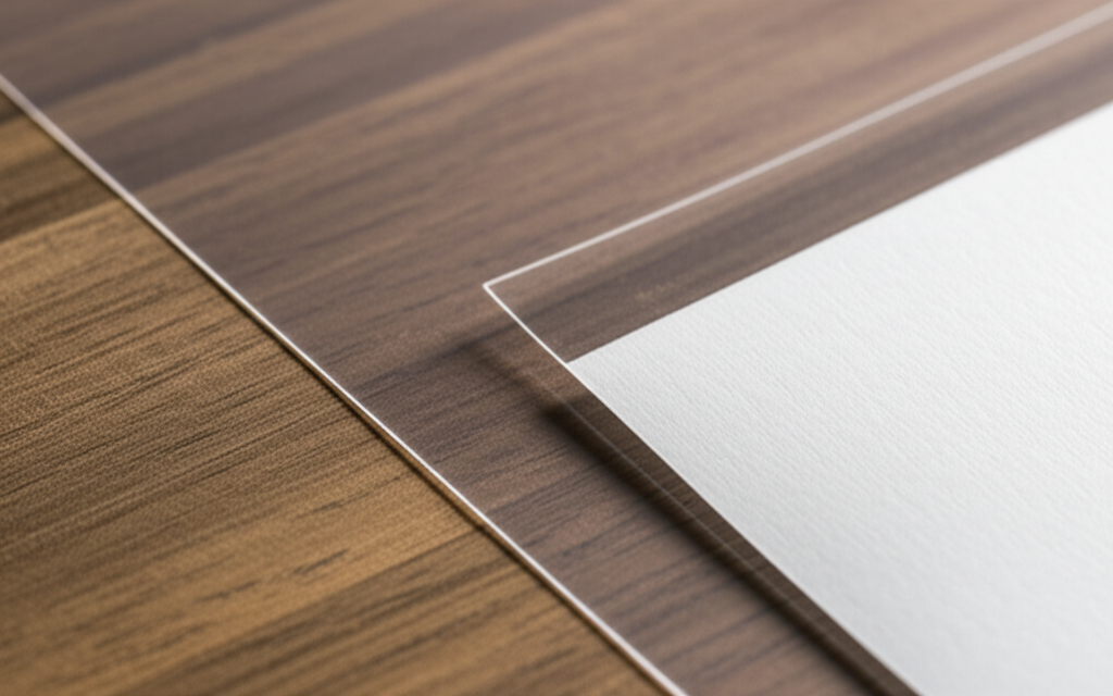 Ảnh chụp (photorealistic) so sánh độ dày của hai mẫu decal giấy: một mẫu decal định lượng thấp mỏng hơn, một mẫu decal định lượng cao dày hơn. Bối cảnh chụp trên bàn làm việc.