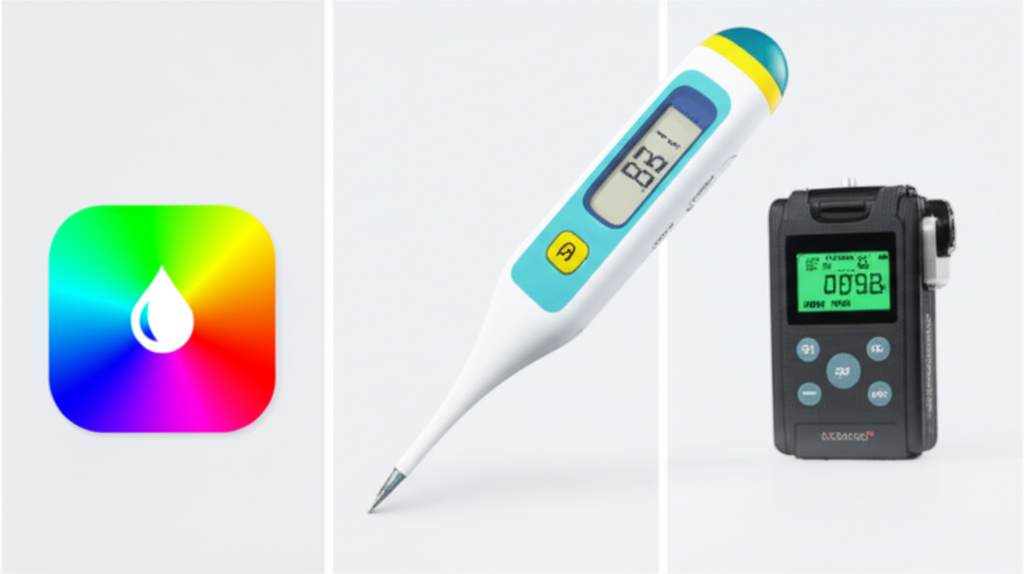 So sánh trực quan giữa tem đổi màu nhiệt, nhiệt kế điện tử và datalogger trong một bảng so sánh. Các tiêu chí so sánh bao gồm: chi phí, độ chính xác, tính dễ sử dụng, tính liên tục, và khả năng tùy biến. Hình ảnh nên thể hiện rõ sự khác biệt về kích thước, thiết kế và cách sử dụng của từng loại thiết bị.
