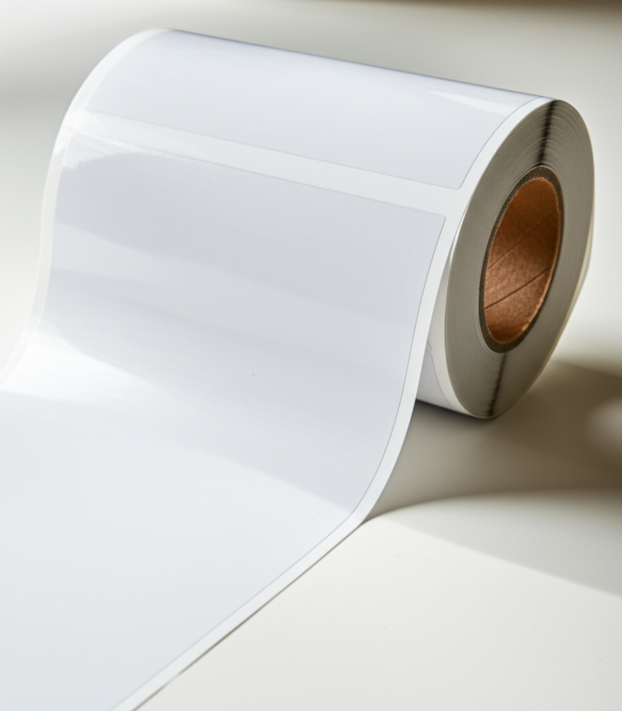 Ảnh chụp cận cảnh (photorealistic) một cuộn tem decal giấy trắng chưa in, đặt trên bàn làm việc sáng sủa. Ánh sáng tự nhiên. Tập trung vào chất liệu giấy và lớp keo.