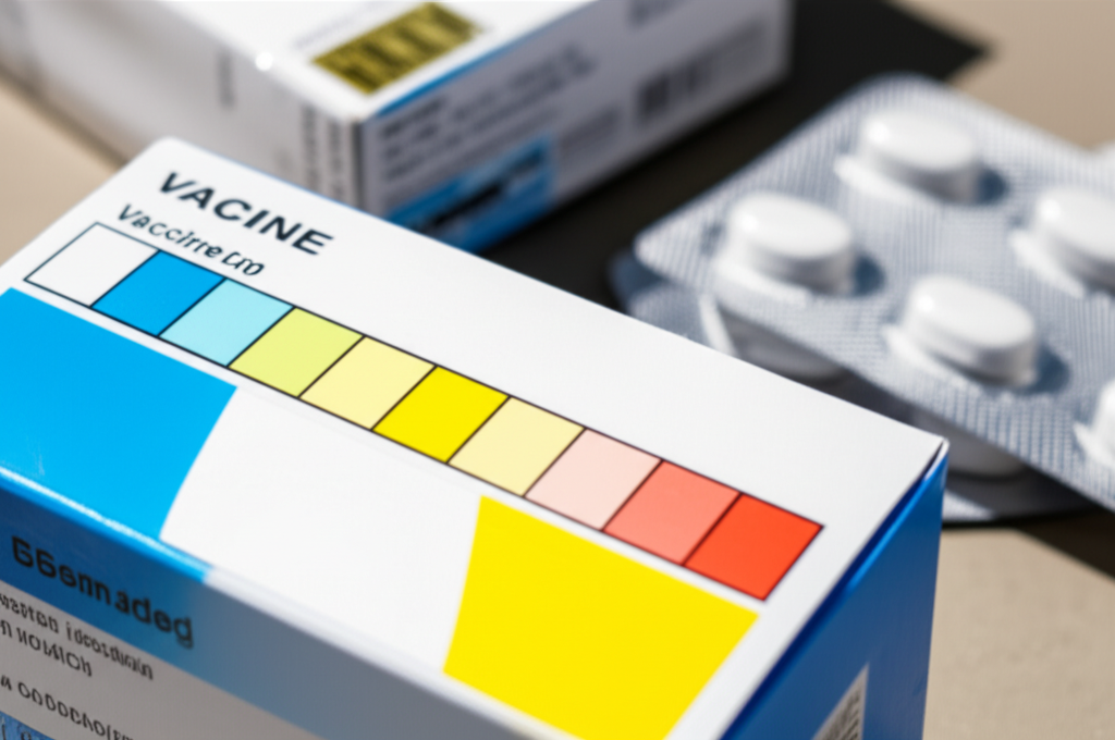 Ảnh chụp cận cảnh một loạt các tem đổi màu nhiệt được dán trên các sản phẩm khác nhau: hộp vắc xin, thùng đựng thực phẩm đông lạnh, gói thuốc. Mỗi tem hiển thị màu sắc khác nhau, biểu thị các mức nhiệt độ khác nhau. Ánh sáng tự nhiên, tập trung vào độ sắc nét của tem và màu sắc.