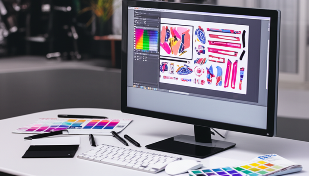Ảnh chụp (photorealistic) một nhà thiết kế đồ họa đang làm việc trên máy tính, thiết kế tem decal giấy với logo và màu sắc thương hiệu. Bối cảnh chụp tại văn phòng thiết kế.
