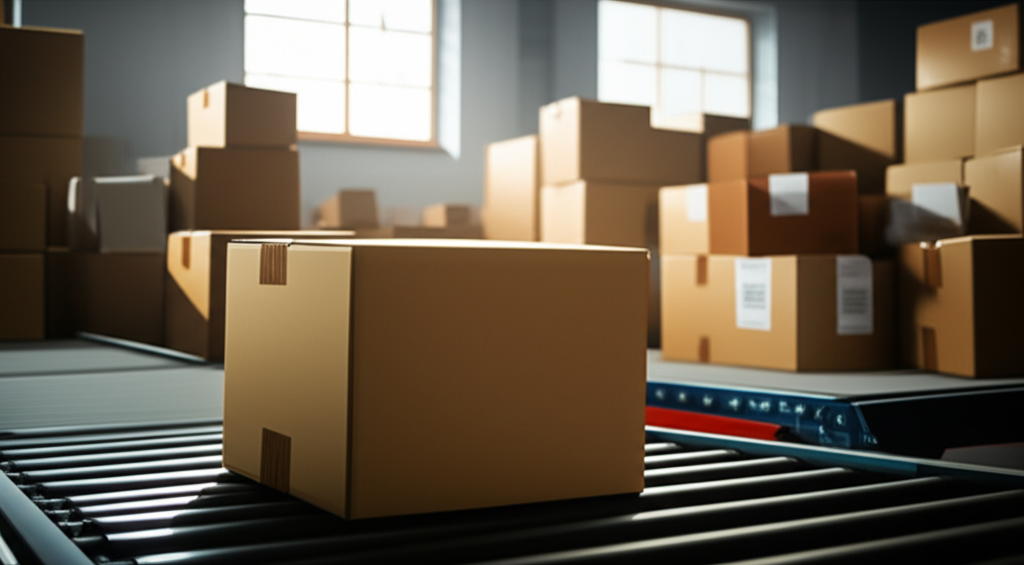 Ảnh chụp cận cảnh hộp carton không có tem nhãn, đặt trên băng chuyền trong kho hàng. Bối cảnh xung quanh là các kiện hàng khác được xếp chồng lên nhau. Ánh sáng tự nhiên từ cửa sổ chiếu vào, tạo cảm giác thiếu chuyên nghiệp và khó nhận diện.