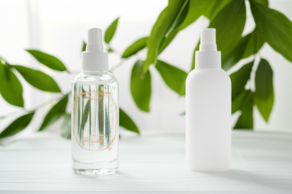 Ảnh chụp chân thực (photorealistic) với tỉ lệ 16:9. Bối cảnh tự nhiên, ánh sáng tốt. Không chèn chữ, số, logo, thương hiệu hoặc ký hiệu đặc biệt. Không sáng tạo bao bì, không mô tả trẻ em hoặc đặc điểm giới tính cụ thể. Mô tả: Hai sản phẩm mỹ phẩm đặt cạnh nhau. Một sản phẩm có tem trong suốt được thiết kế đẹp mắt, sản phẩm còn lại không có tem nhãn, trông đơn điệu và kém hấp dẫn.