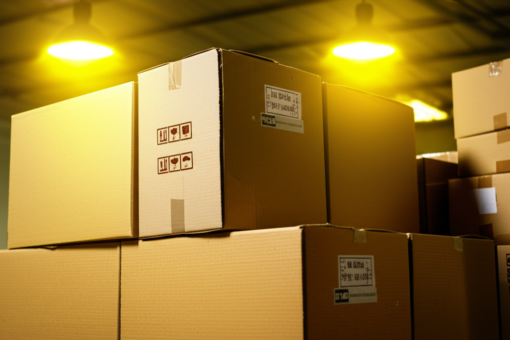 Ảnh chụp nhiều thùng carton với tem nhãn được in rõ ràng, chứa thông tin về sản phẩm, mã vạch và logo thương hiệu. Các thùng carton được xếp gọn gàng trong kho hàng. Ánh sáng vàng ấm từ đèn chiếu sáng làm nổi bật sự chuyên nghiệp và trật tự.