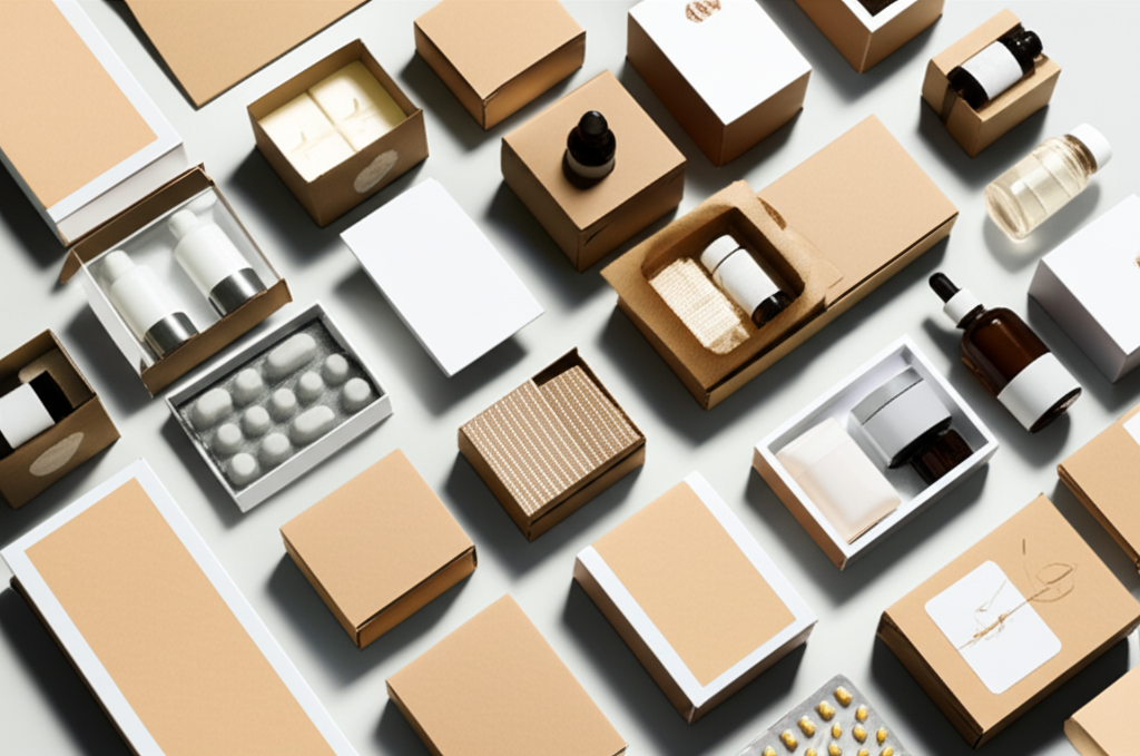 Ảnh chụp tổng quan các sản phẩm thuộc nhiều ngành công nghiệp khác nhau (mỹ phẩm, dược phẩm, đồ gia dụng, quà tặng) sử dụng bao bì giấy kraft cán màng. Bố cục hài hòa, ánh sáng tốt.