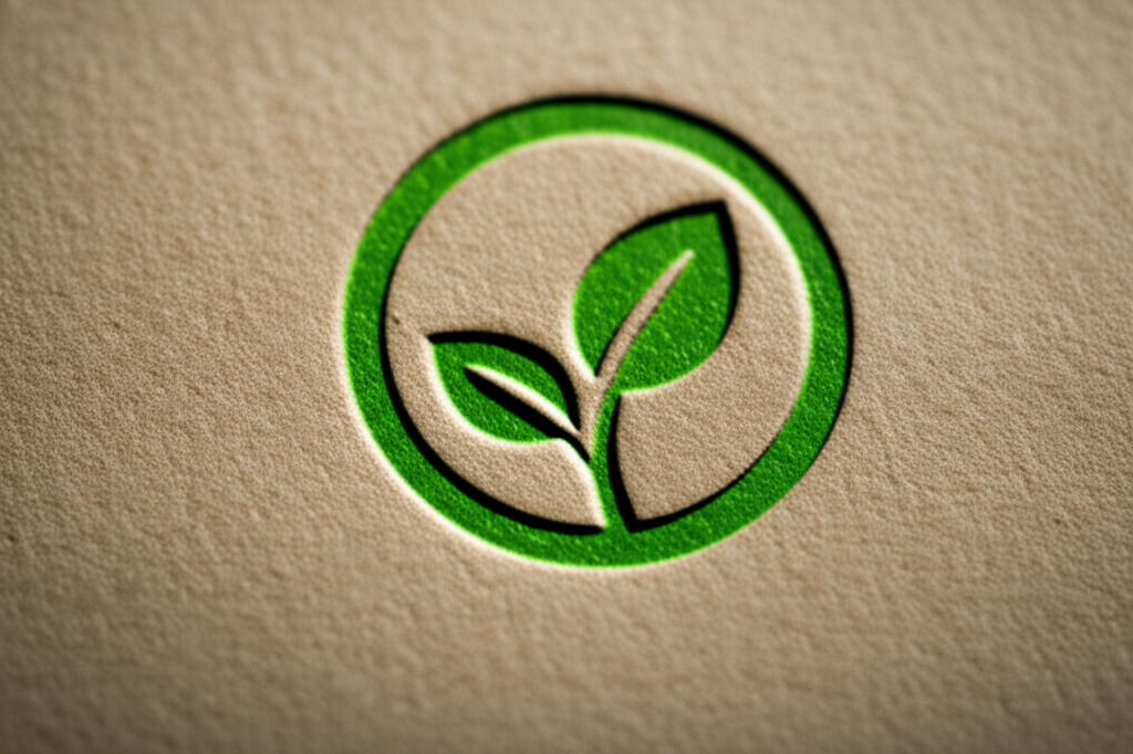 Ảnh chụp cận cảnh logo 'thương hiệu xanh' hoặc 'sản phẩm thân thiện môi trường' được in trên bao bì giấy kraft đã cán màng. Ánh sáng tự nhiên. Nhấn mạnh vào thông điệp về sự bền vững.