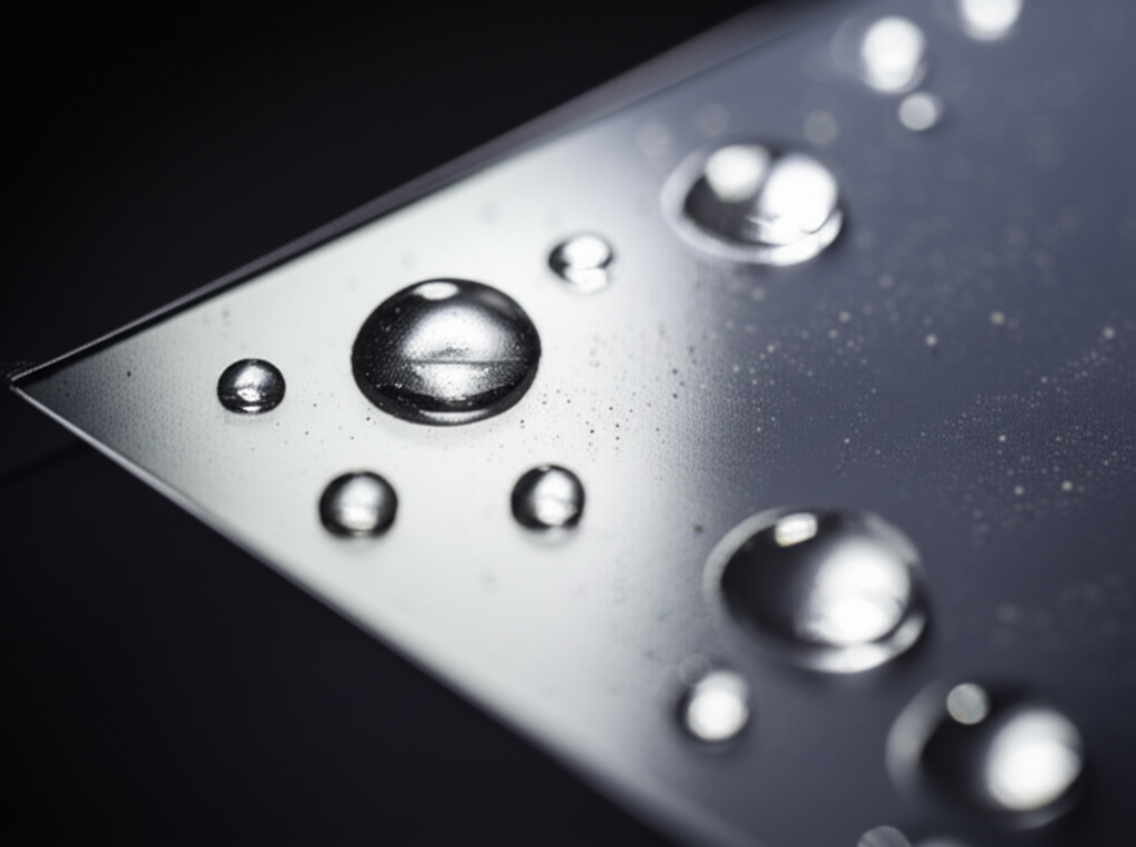 Ảnh chụp macro (photorealistic) một góc của tờ giấy được cán màng bóng, đang chịu tác động của nước và bụi bẩn. Lớp màng bóng ngăn chặn sự xâm nhập của các tác nhân gây hại.