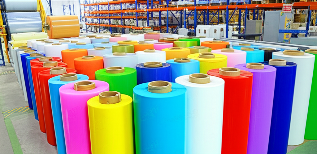 Ảnh chụp các cuộn màng cán khác nhau (BOPP, PET, PVC, PE) được xếp cạnh nhau. Màu sắc của các cuộn màng đa dạng, thể hiện sự phong phú của thị trường màng cán. Bối cảnh là một kho chứa màng cán với hệ thống quản lý chuyên nghiệp.