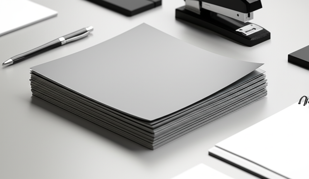 Ảnh chụp một chồng brochure được cán màng mờ, đặt trên một bàn làm việc với các vật dụng văn phòng phẩm khác. Ánh sáng dịu nhẹ làm nổi bật chất liệu mờ của brochure.