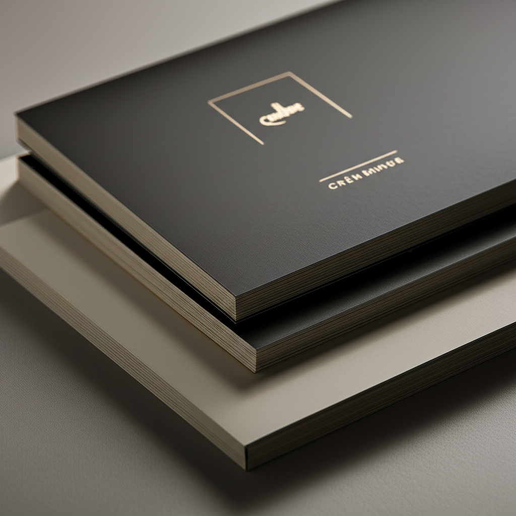 Ảnh chụp một bộ brochure cao cấp được cán màng mờ, với thiết kế tối giản và màu sắc trang nhã. Bố cục ảnh tập trung vào chất liệu mờ mịn của brochure.