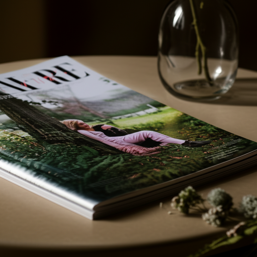 Ảnh chụp chân thực (photorealistic) với tỉ lệ 16:9. Bối cảnh tự nhiên, ánh sáng tốt. Không chèn chữ, số, logo, thương hiệu hoặc ký hiệu đặc biệt. Không sáng tạo bao bì, không mô tả trẻ em hoặc đặc điểm giới tính cụ thể. Mô tả: một cuốn tạp chí cao cấp được cán màng mờ, với ánh sáng dịu nhẹ, làm nổi bật sự tinh tế và sang trọng của sản phẩm.