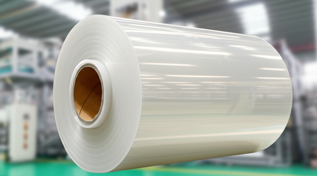 Ảnh chụp cận cảnh một cuộn màng PET trong suốt, được chiếu sáng bởi ánh sáng tự nhiên. Màng PET có bề mặt mịn màng, không tì vết, thể hiện độ trong suốt và chất lượng cao. Bối cảnh xung quanh là một nhà máy sản xuất bao bì hiện đại.