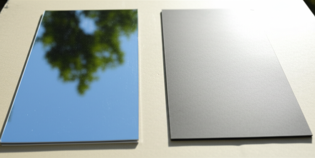 Ảnh chụp chân thực (photorealistic) với tỉ lệ 16:9. Bối cảnh tự nhiên, ánh sáng tốt. Không chèn chữ, số, logo, thương hiệu hoặc ký hiệu đặc biệt. Không sáng tạo bao bì, không mô tả trẻ em hoặc đặc điểm giới tính cụ thể. Mô tả: hai sản phẩm giống hệt nhau được đặt cạnh nhau, một sản phẩm có cán màng và một sản phẩm không, thể hiện rõ sự khác biệt về độ bóng, màu sắc và cảm giác.