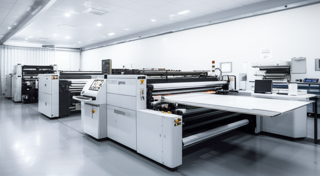 Ảnh chụp một xưởng in hiện đại với các máy móc cán màng tiên tiến. Các kỹ thuật viên đang làm việc cẩn thận và chuyên nghiệp. Ánh sáng trắng làm nổi bật sự sạch sẽ và ngăn nắp của xưởng in.