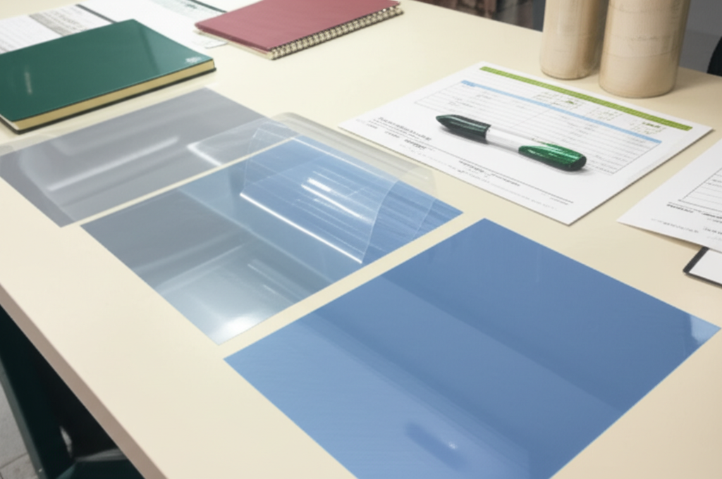 Ảnh chụp chân thực (photorealistic) với tỉ lệ 16:9. Bối cảnh: Một bàn làm việc với nhiều mẫu màng cán chống nước khác nhau, bao gồm BOPP, PET, PE. Một chuyên gia đang xem xét các mẫu màng và tư vấn cho khách hàng. Ánh sáng tốt, tập trung vào các mẫu màng và chuyên gia tư vấn.
