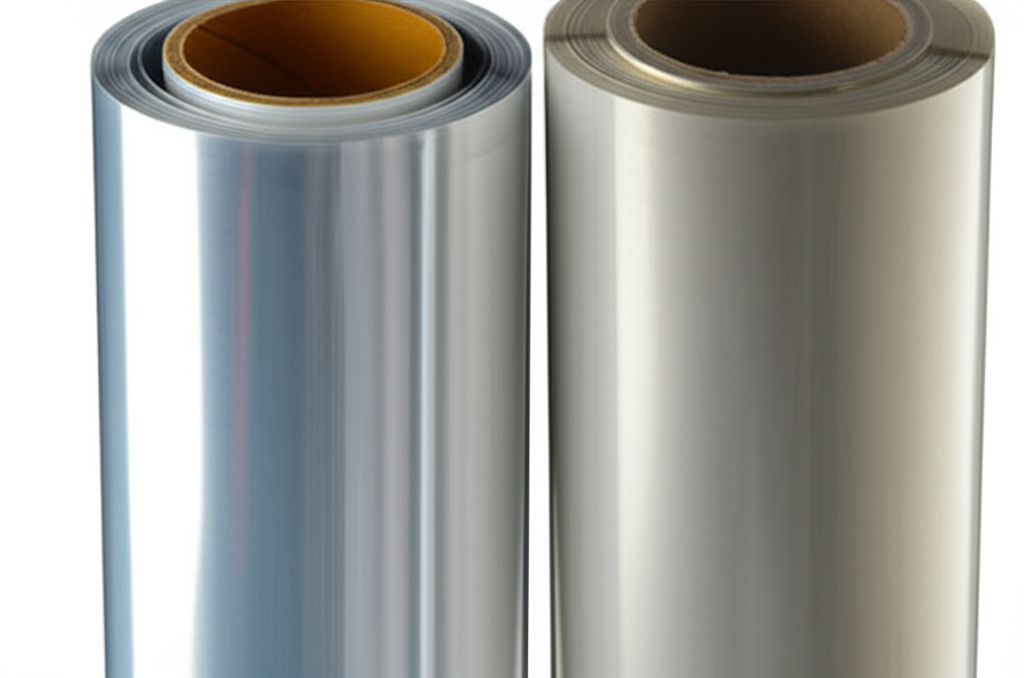 Ảnh chụp chân thực (photorealistic) với tỉ lệ 16:9. Bối cảnh cận cảnh hai cuộn màng nhiệt PET và OPP khác nhau. Màng PET trong suốt và bóng, màng OPP có độ mờ nhẹ. Ánh sáng tập trung vào bề mặt màng, làm nổi bật kết cấu.