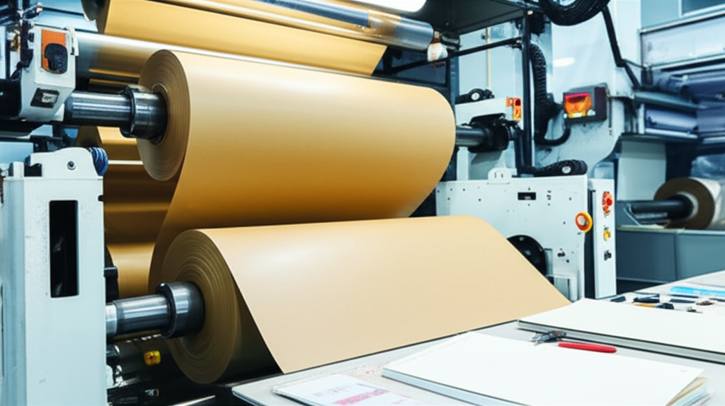 Ảnh chụp quá trình cán màng lên giấy kraft trong một nhà máy in ấn hiện đại. Máy móc hoạt động trơn tru, và người công nhân đang kiểm tra chất lượng sản phẩm. Ánh sáng tốt, tập trung vào khu vực cán màng.