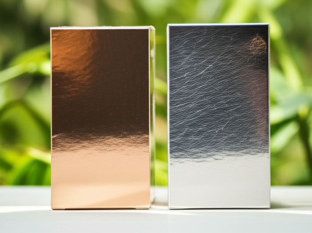 Ảnh chụp chân thực (photorealistic) với tỉ lệ 16:9. Bối cảnh tự nhiên, ánh sáng tốt. Không chèn chữ, số, logo, thương hiệu hoặc ký hiệu đặc biệt. Không sáng tạo bao bì, không mô tả trẻ em hoặc đặc điểm giới tính cụ thể. Mô tả: Hai hộp mỹ phẩm được đặt cạnh nhau. Một hộp đã được cán màng, hộp còn lại thì không. Một người đang cố tình cào nhẹ lên cả hai hộp để kiểm tra khả năng chống trầy xước. Hộp cán màng không bị ảnh hưởng, trong khi hộp không cán màng bị xước.