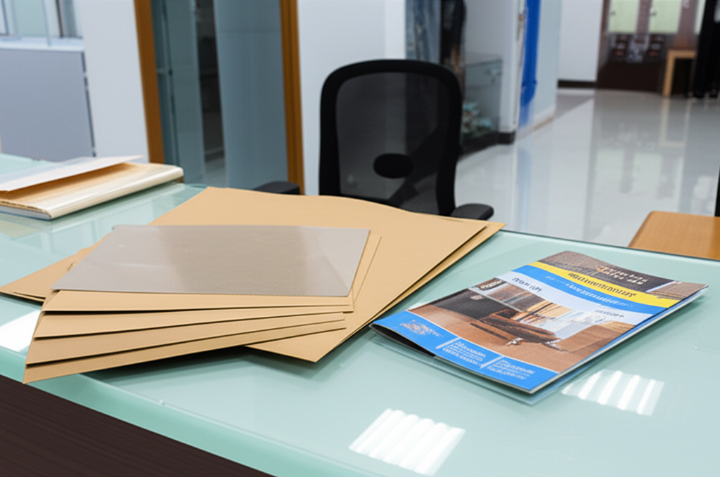 Ảnh chụp một nhân viên của **HOA VIỆT CORP** đang tư vấn nhiệt tình cho khách hàng về dịch vụ cán màng kraft. Nụ cười thân thiện, không gian làm việc chuyên nghiệp.