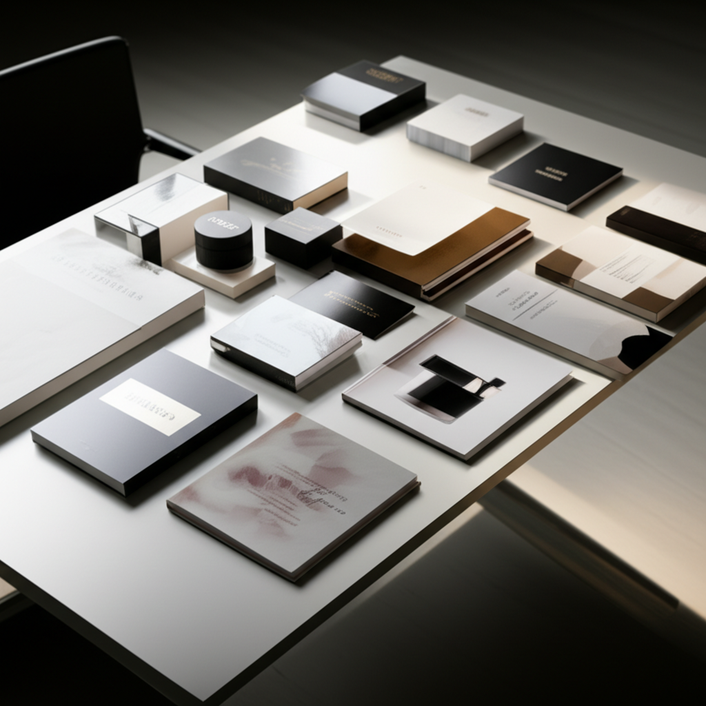 Ảnh chụp (photorealistic) một bộ sưu tập các ấn phẩm khác nhau (hộp đựng mỹ phẩm, bìa sách, brochure quảng cáo) được cán màng bóng, bày trí trên bàn làm việc sáng sủa, thể hiện sự chuyên nghiệp và sang trọng.