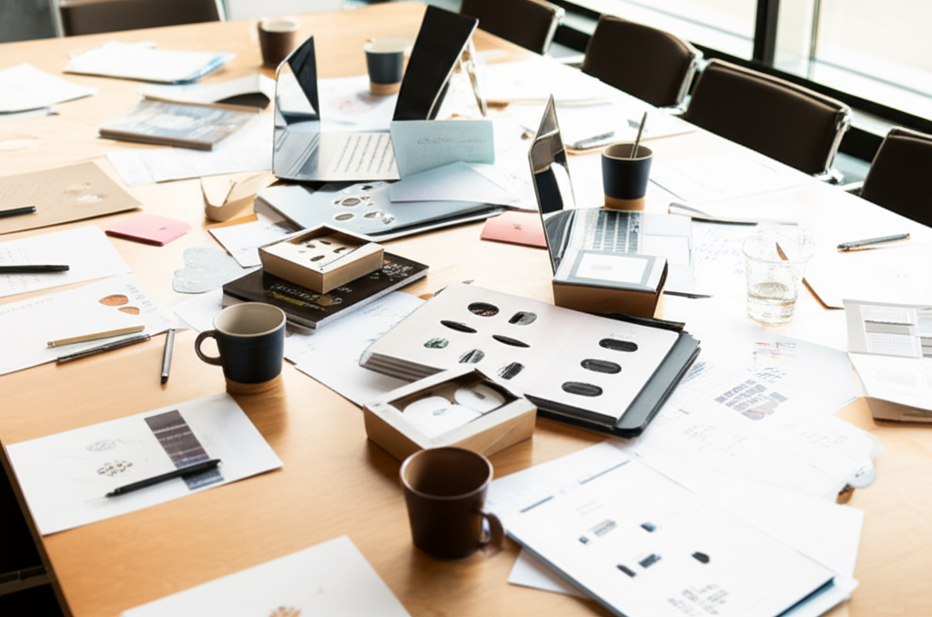 Ảnh chụp chân thực (photorealistic) với tỉ lệ 16:9. Bối cảnh một buổi họp marketing, các thành viên đang thảo luận về chiến lược xây dựng thương hiệu. Trên bàn có nhiều sản phẩm mẫu với thiết kế độc đáo, sử dụng bế hình tự do.