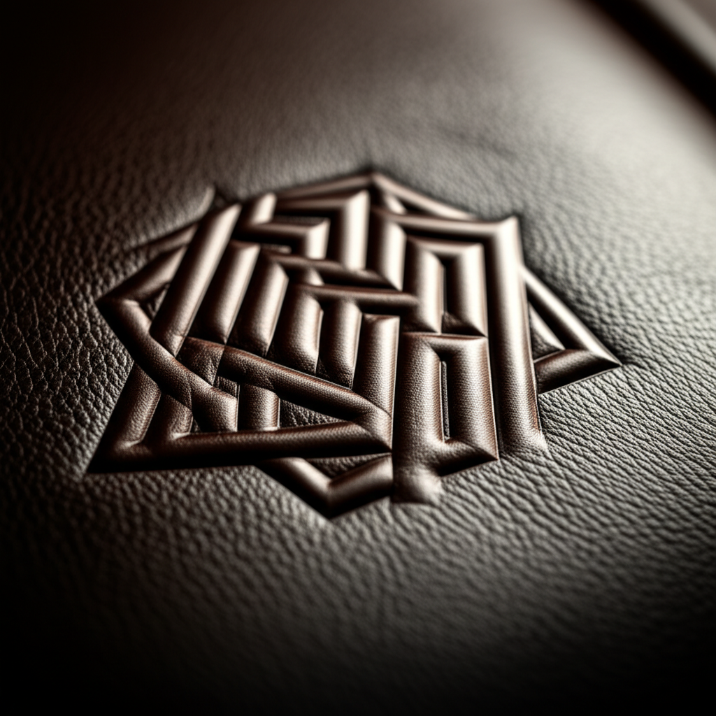 Ảnh chụp cận cảnh logo của một thương hiệu nổi tiếng được ép nổi trên chất liệu da cao cấp. Ánh sáng dịu nhẹ, làm nổi bật sự tinh tế và sang trọng của logo, thể hiện đẳng cấp của thương hiệu.