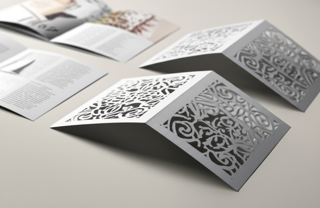 Bế catalogue – Định hình truyền thông chuyên nghiệp 5 Ảnh chụp một số mẫu tờ rơi và brochure được gấp bế với các kiểu dáng độc đáo. Các ấn phẩm được trình bày một cách chuyên nghiệp, thể hiện sự sáng tạo và tinh tế trong thiết kế.