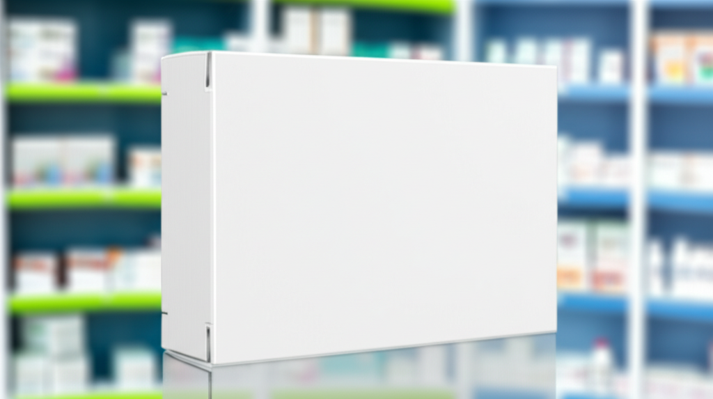 Bế hộp thuốc – Đảm bảo độ chính xác và chuẩn hóa bao bì 2 Ảnh chụp cận cảnh hộp thuốc được bế sắc nét, các đường cắt hoàn hảo. Ánh sáng tốt, tập trung vào chi tiết của hộp thuốc. Bối cảnh là một kệ trưng bày sản phẩm dược phẩm với các loại thuốc khác nhau, tạo cảm giác chuyên nghiệp và đáng tin cậy.