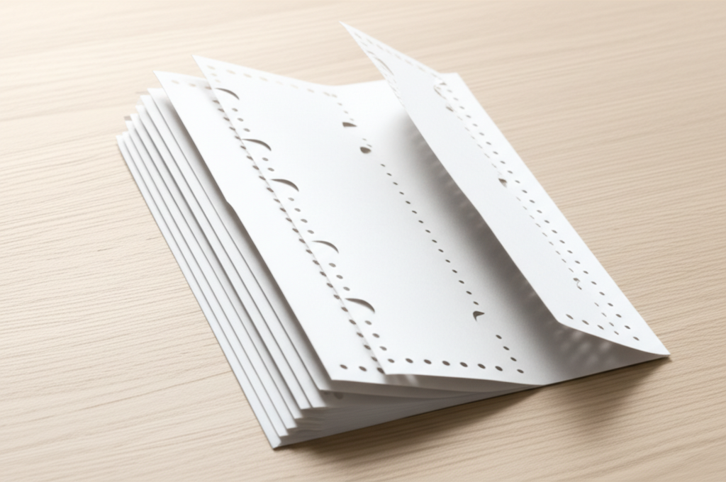 Bế brochure – Tăng tính thẩm mỹ và tiện lợi cho người dùng 4 Ảnh chụp chân thực (photorealistic) với tỉ lệ 16:9. Bối cảnh tự nhiên, ánh sáng tốt. Không chèn chữ, số, logo, thương hiệu hoặc ký hiệu đặc biệt. Không sáng tạo bao bì, không mô tả trẻ em hoặc đặc điểm giới tính cụ thể. Mô tả: Một người đang sử dụng một brochure được bế với nhiều tab và đường xé, giúp họ dễ dàng tìm kiếm thông tin cần thiết. Khuôn mặt họ thể hiện sự hài lòng và tiện lợi.