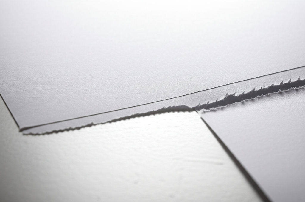 Tránh lỗi kỹ thuật khi bế – Tối ưu chất lượng thành phẩm 5 Ảnh chụp chân thực (photorealistic) với tỉ lệ 16:9. Bối cảnh tự nhiên, ánh sáng tốt. Không chèn chữ, số, logo, thương hiệu hoặc ký hiệu đặc biệt. Không sáng tạo bao bì, không mô tả trẻ em hoặc đặc điểm giới tính cụ thể. Mô tả: So sánh hai loại giấy khác nhau, một loại có định lượng cao và một loại có định lượng thấp, minh họa sự khác biệt về độ bền khi bế.