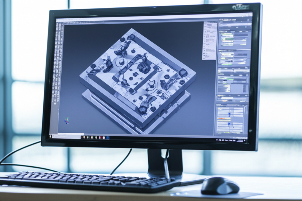 Cập nhật xu hướng kỹ thuật bế mới nhất 2025 5 Ảnh chụp chân thực (photorealistic) với tỉ lệ 16:9. Bối cảnh tự nhiên, ánh sáng tốt. Không chèn chữ, số, logo, thương hiệu hoặc ký hiệu đặc biệt. Không sáng tạo bao bì, không mô tả trẻ em hoặc đặc điểm giới tính cụ thể. Mô tả: Một nhà thiết kế đang sử dụng phần mềm CAD để tạo ra một mô hình 3D phức tạp của khuôn bế, với các chi tiết được hiển thị rõ ràng trên màn hình.