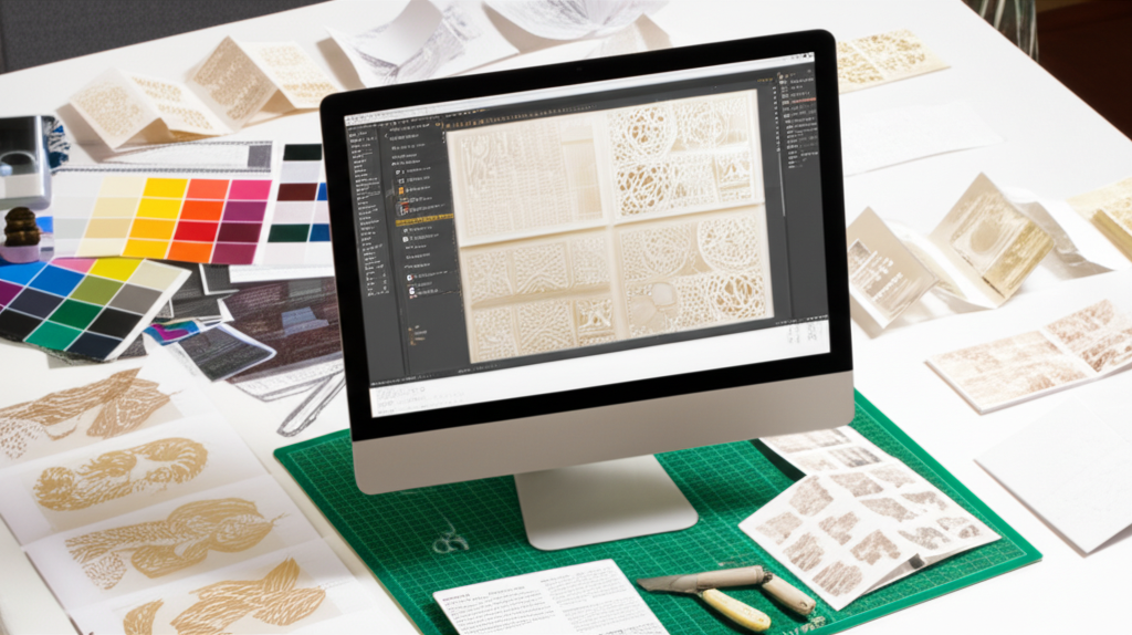 Bế brochure – Tăng tính thẩm mỹ và tiện lợi cho người dùng 6 Ảnh chụp chân thực (photorealistic) với tỉ lệ 16:9. Bối cảnh tự nhiên, ánh sáng tốt. Không chèn chữ, số, logo, thương hiệu hoặc ký hiệu đặc biệt. Không sáng tạo bao bì, không mô tả trẻ em hoặc đặc điểm giới tính cụ thể. Mô tả: Một nhà thiết kế đang làm việc trên máy tính, thiết kế một mẫu brochure được bế phức tạp. Trên bàn làm việc của họ có nhiều công cụ thiết kế và các mẫu brochure khác nhau.