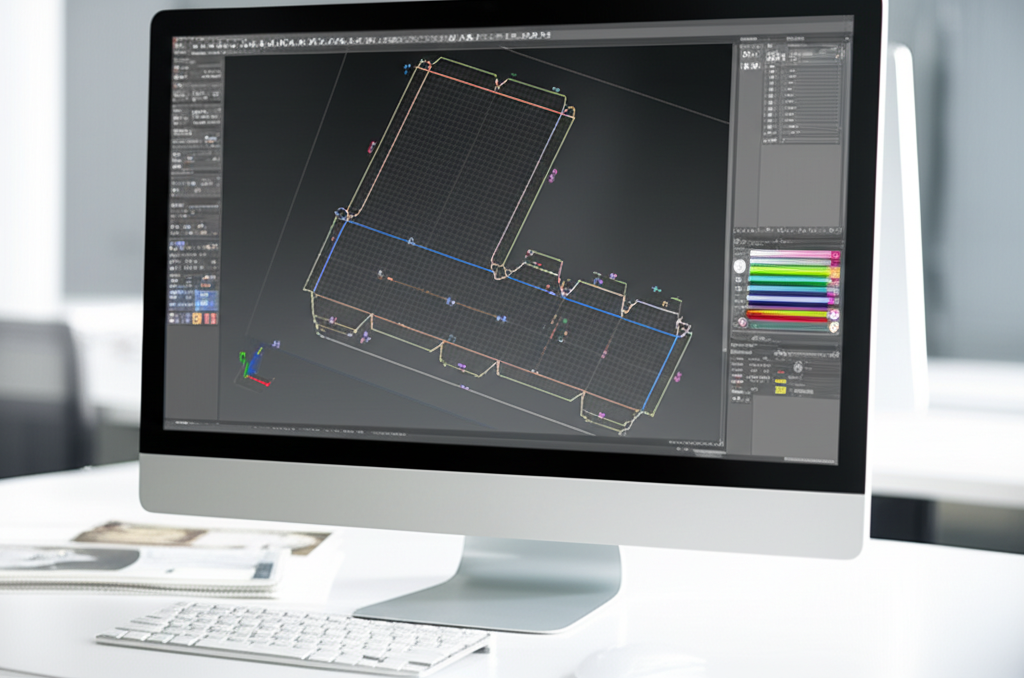 Loại giấy nào phù hợp cho kỹ thuật bế? 8 Ảnh chụp chân thực (photorealistic) với tỉ lệ 16:9. Bối cảnh tự nhiên, ánh sáng tốt. Không chèn chữ, số, logo, thương hiệu hoặc ký hiệu đặc biệt. Không sáng tạo bao bì, không mô tả trẻ em hoặc đặc điểm giới tính cụ thể. Mô tả: Một kỹ thuật viên đang sử dụng phần mềm thiết kế chuyên dụng để tạo ra file bế, với giao diện hiển thị các đường cắt và thông số kỹ thuật chi tiết.