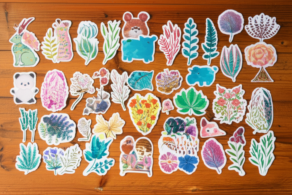Sticker bế sẵn – Dễ bóc, đẹp mắt, tiện lợi 2 Ảnh chụp chân thực (photorealistic) với tỉ lệ 16:9. Bối cảnh tự nhiên, ánh sáng tốt. Không chèn chữ, số, logo, thương hiệu hoặc ký hiệu đặc biệt. Không sáng tạo bao bì, không mô tả trẻ em hoặc đặc điểm giới tính cụ thể. Mô tả: Nhiều loại sticker bế sẵn với các hình dạng và màu sắc khác nhau được xếp cạnh nhau trên một mặt bàn gỗ. Một số sticker có hình hoa lá, một số có hình động vật, và một số có hình logo đơn giản.
