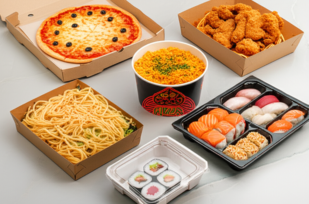 Hộp giấy đựng thực phẩm – Giải pháp bao bì chuyên nghiệp 5 Ảnh chụp tổng quan các loại hộp giấy đựng thực phẩm khác nhau: hộp đựng pizza, hộp đựng mì ý, hộp đựng gà rán, hộp đựng sushi... Các hộp giấy được thiết kế với màu sắc và hình ảnh bắt mắt.