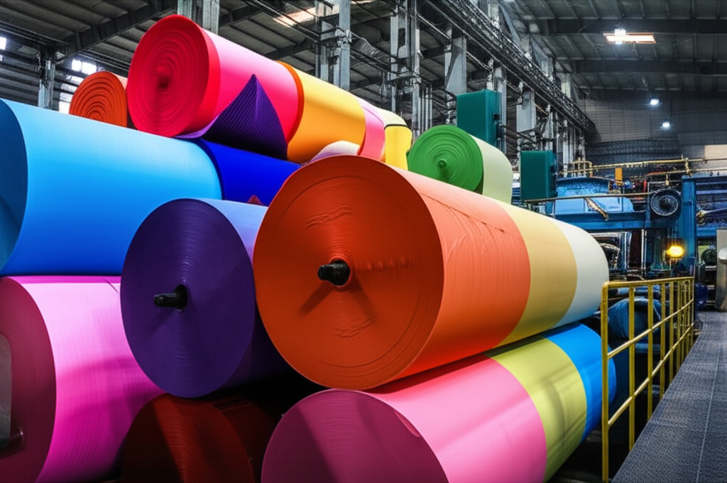 Hộp giấy đựng yến sào – Tăng giá trị thương hiệu bằng bao bì đột phá 4 Ảnh chụp chân thực (photorealistic) với tỉ lệ 16:9. Bối cảnh một xưởng sản xuất giấy. Các cuộn giấy lớn với nhiều màu sắc và chất liệu khác nhau được xếp chồng lên nhau. Ánh sáng công nghiệp mạnh mẽ làm nổi bật các chi tiết của giấy.
