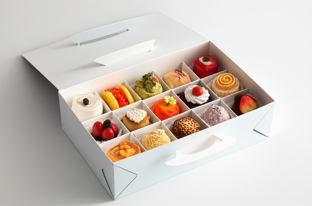 Hộp giấy có quai xách – Giải pháp bao bì chuyên nghiệp 11 Ảnh chụp một hộp giấy có quai xách đựng bánh ngọt, được trang trí đẹp mắt và hấp dẫn. Bánh được bày trí gọn gàng và bắt mắt bên trong hộp.