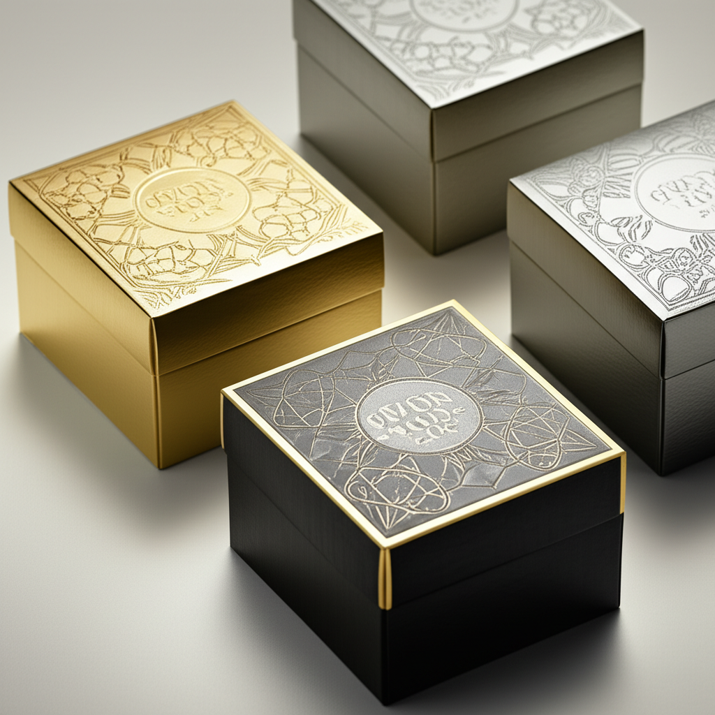 Hộp giấy đựng kẹo – Tăng giá trị thương hiệu bằng bao bì đột phá 5 Ảnh chụp cận cảnh các mẫu **hộp giấy đựng kẹo** được gia công bằng các kỹ thuật sau in khác nhau. Một số hộp được ép kim logo, một số được ép nhũ tên sản phẩm, một số được cán màng bóng để tăng độ sáng. Bố cục ảnh tập trung vào các chi tiết gia công tinh xảo.