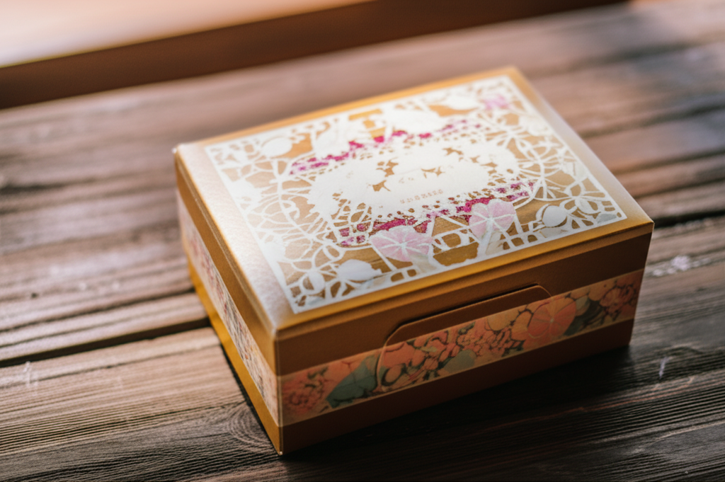 Hộp giấy đựng thực phẩm – Giải pháp bao bì chuyên nghiệp 2 Ảnh chụp cận cảnh hộp giấy đựng bánh ngọt với thiết kế tinh tế, đặt trên bàn gỗ. Ánh sáng tự nhiên làm nổi bật màu sắc và họa tiết in trên hộp. Bánh ngọt bên trong được bảo quản cẩn thận.